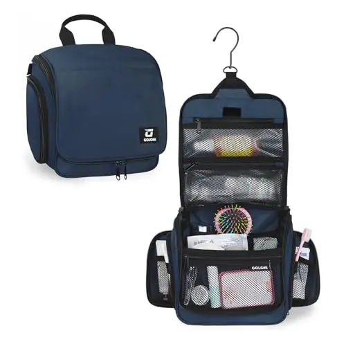 Goloni blue hanging toiletry bag with multiple compartments and a large metal hook