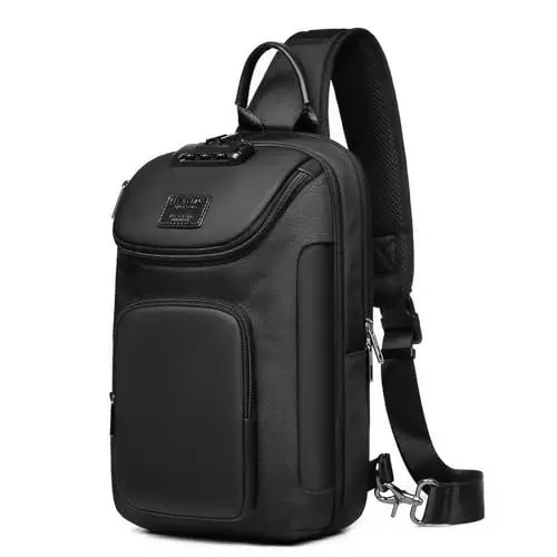 reeyee black waterproof sling bag with lockable zippers and breathable back panel