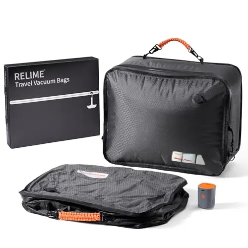 Relime Apex Series gray vacuum travel bags with a compact wireless pump