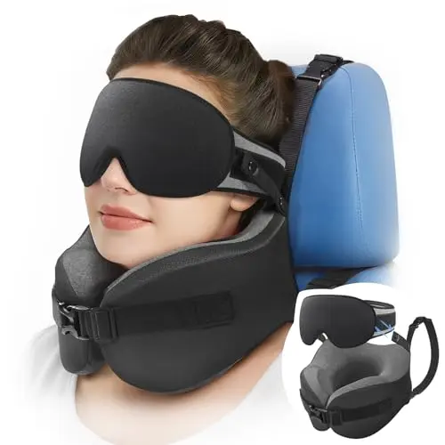 YFONG travel pillow with head strap and contoured eye mask attached to an airplane seat