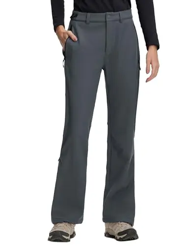 Women's fleece-lined softshell hiking pants with adjustable ankle zippers, shown in a flared and straight-leg style.