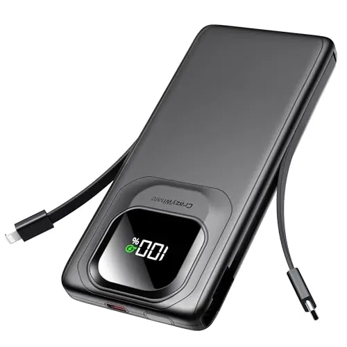 Crazywhale black slim portable charger with built-in cables