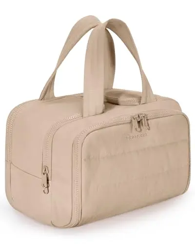 BAGSMART puffy khaki toiletry bag fully opened showing dual side pockets and central space