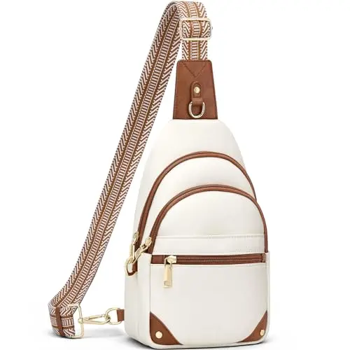 SYTRAH faux leather anti-theft sling bag with lock ring on the zipper, shown in a beige brown color.