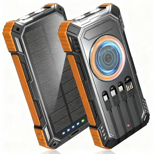 BLASOUL orange solar power bank with built-in cables and a solar panel
